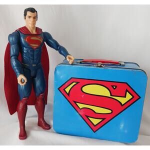 Superman Action Doll and Vintage Superman Logo Tin Lunch Box